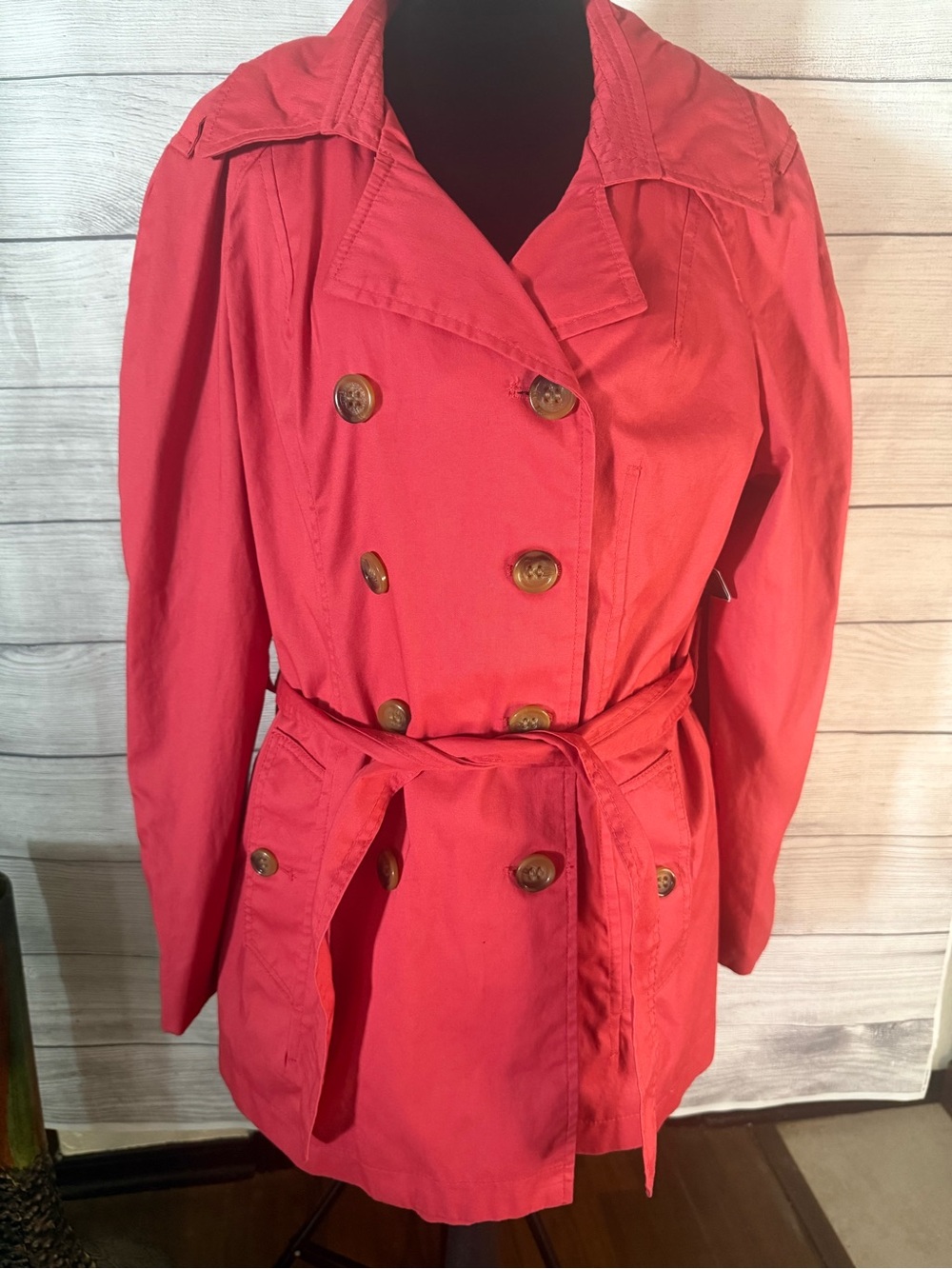 St. John's Bay Coral Red Double-Breasted Trench Coat with Tie Waist